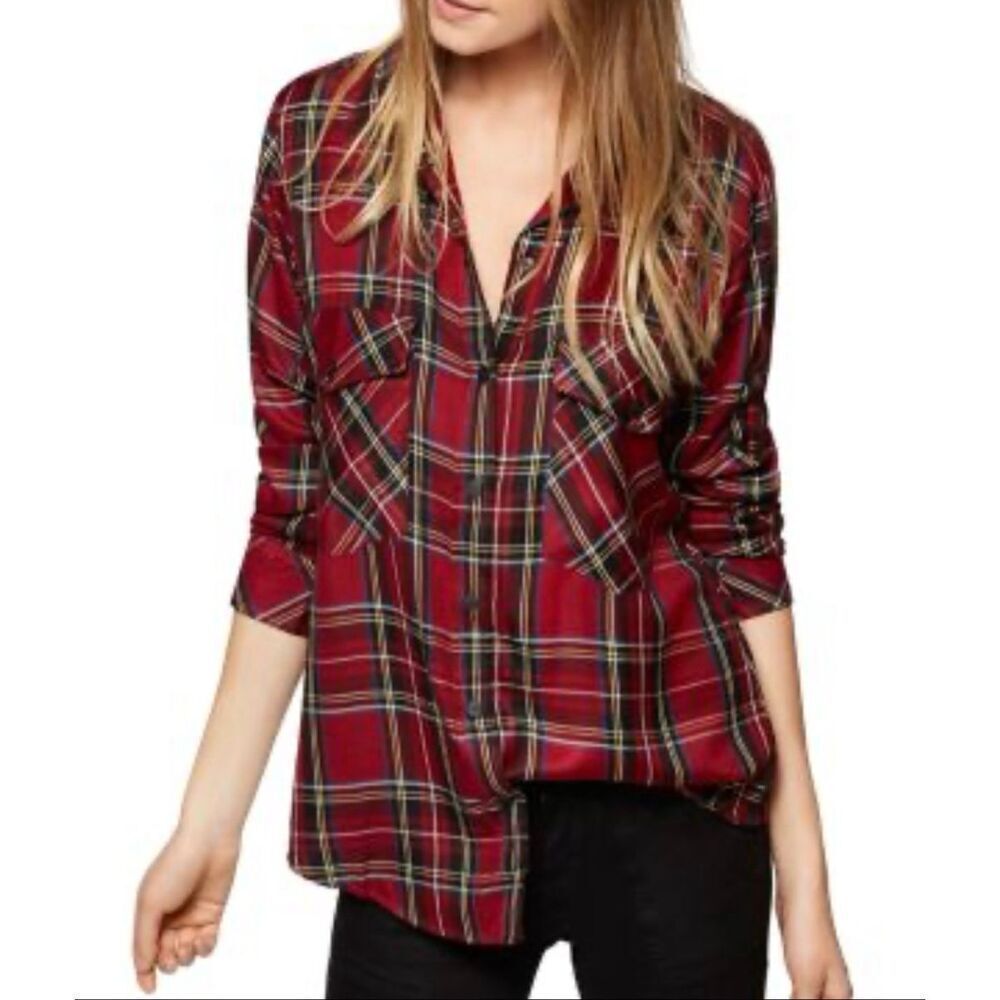 Sanctuary red plaid boyfriend pocket front button down flannel L
